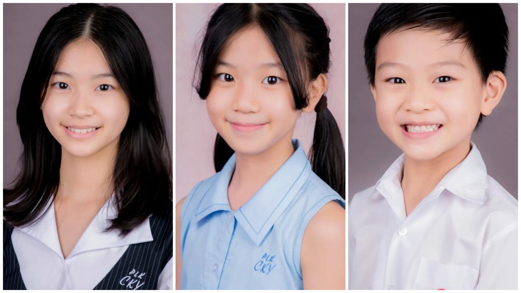 胡諾言昨日分享（左起）大女胡芷苓（Jay）、二女胡芷悠（Jacey）及三子胡澔錕（Jayden）的學生相。（IGI@jackwu823）